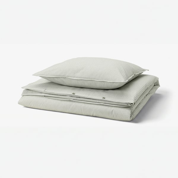 SOLFIBBLA Duvet cover and pillowcase, white green/stripe, 150x200/50x60 cm