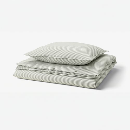 SOLFIBBLA Duvet cover and pillowcase, white green/stripe, 150x200/50x60 cm
