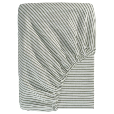 SOLFIBBLA Fitted sheet, white green/stripe, 160x200 cm