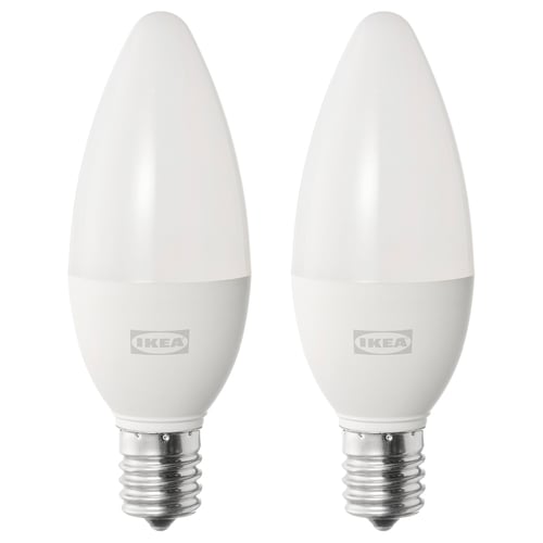 Two ikea SOLHETTA led bulbs, white, frosted glass-like cover, e12 base, warm-white light.