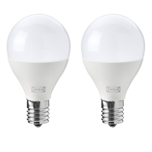 Two identical round white IKEA led light bulbs with a metallic base, labelled SOLHETTA.