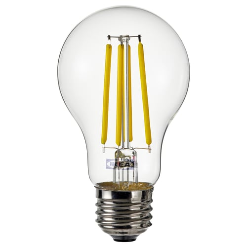 Led light bulb, yellow, glass, round, e26 base.