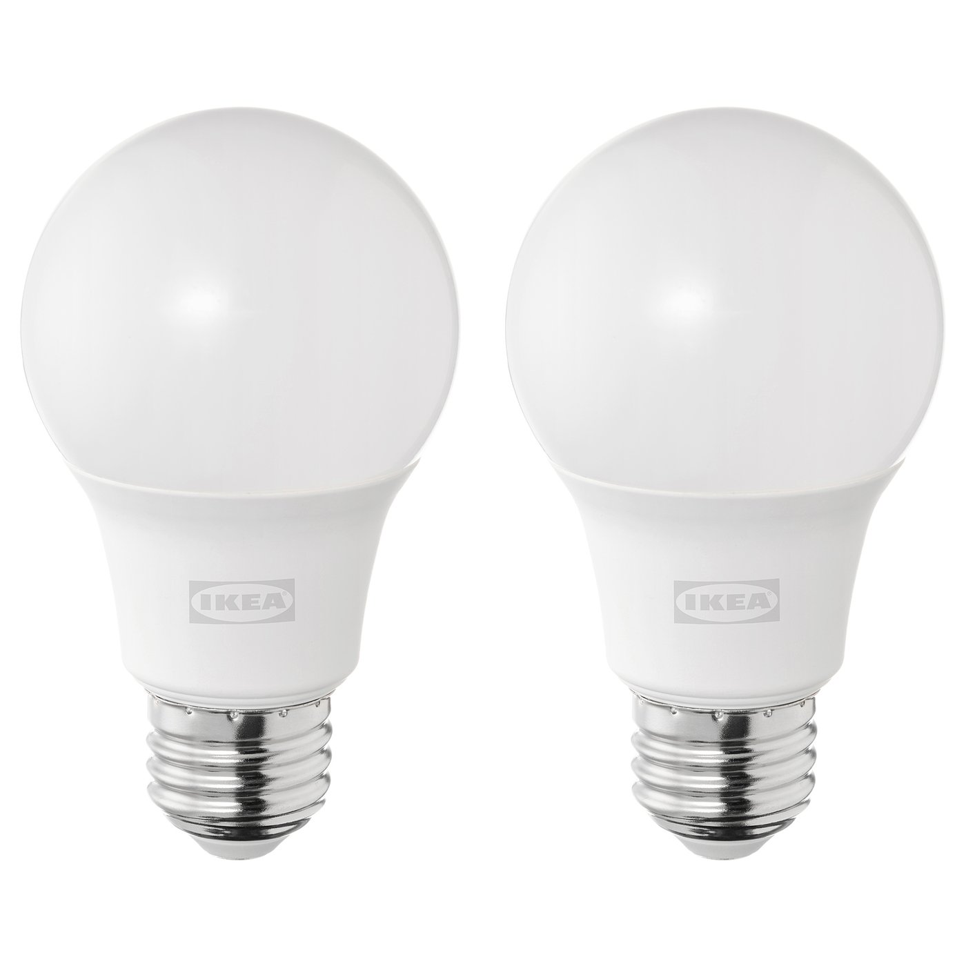 Two spherical SOLHETTA led light bulbs, white with cool daylight, metallic base by IKEA.