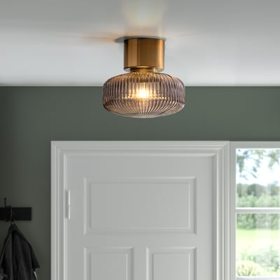 SOLKLINT Ceiling lamp, brass/grey clear glass, 27 cm