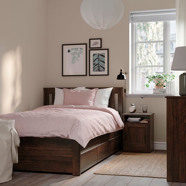 SONGESAND Bed frame with 2 storage boxes, brown/Lillhällan, 120x200 cm