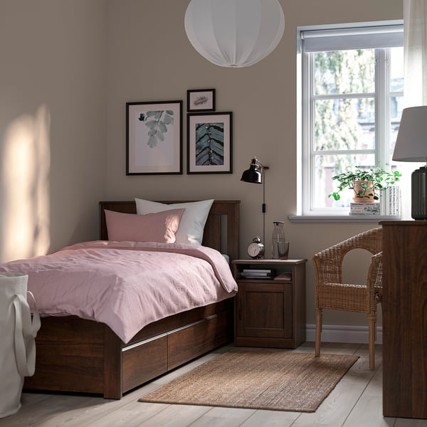 SONGESAND Bed frame with 2 storage boxes, brown/Lillhällan, 90x200 cm