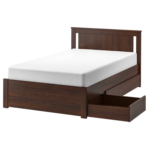 SONGESAND Bed frame with 2 storage boxes, brown/Luröy, 120x200 cm