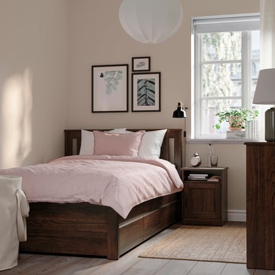 SONGESAND Bed frame with 2 storage boxes, brown, 120x200 cm