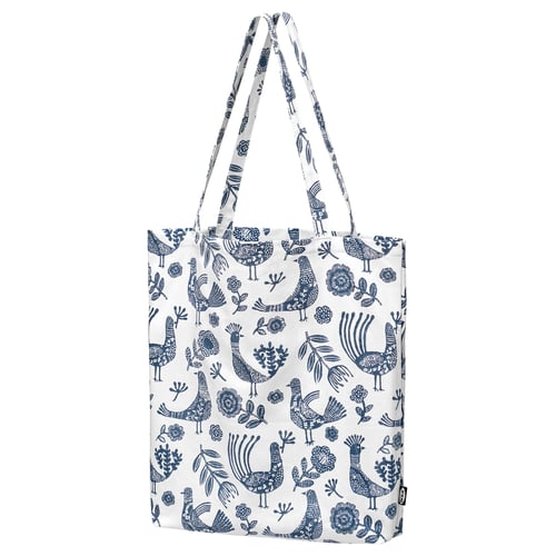 White tote bag with blue bird prints, handles, cotton.