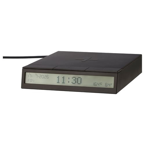 Digital clock with date, time, temperature, humidity, and button control.