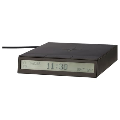 Digital clock with date, time, temperature, humidity, and button control.
