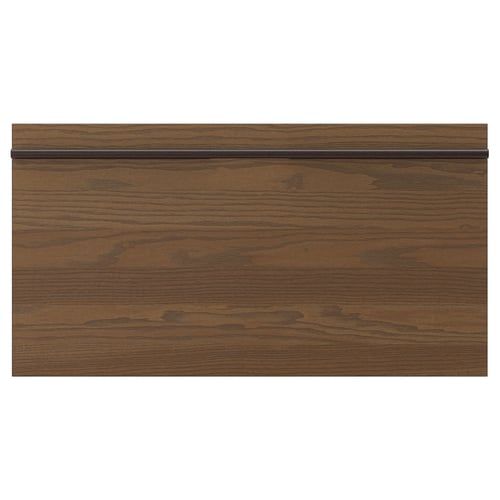 Dark brown ash veneer kitchen drawer, solid wood handle, rectangular shape.