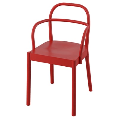 Red modern dining chair, steam-bent beechwood. Scandinavian design with armrests.