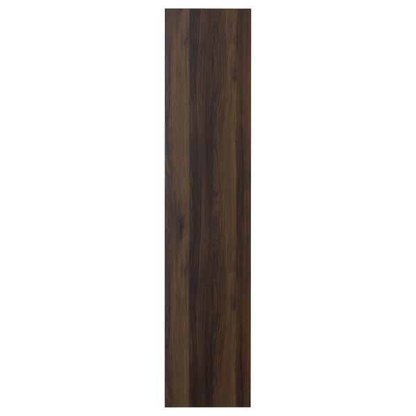 Depicts a vertical, dark brown wooden panel, smooth and without embellishments.