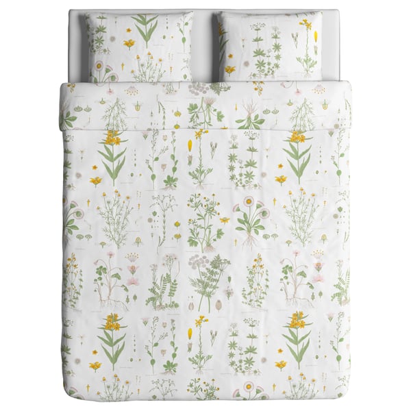 STRANDKRYPA Duvet cover and 2 pillowcases, floral patterned/white, 200x200/50x60 cm