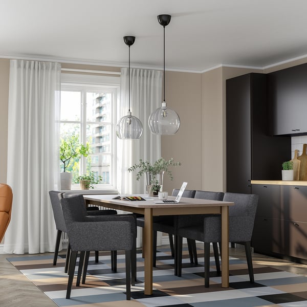 STRANDTORP / MÅRENÄS Table and 6 armchairs, brown/black Gunnared dark grey, 150/205/260 cm