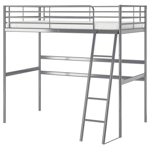 Modern silver metal loft bed with ladder, elevated mattress area, and open storage underneath.
