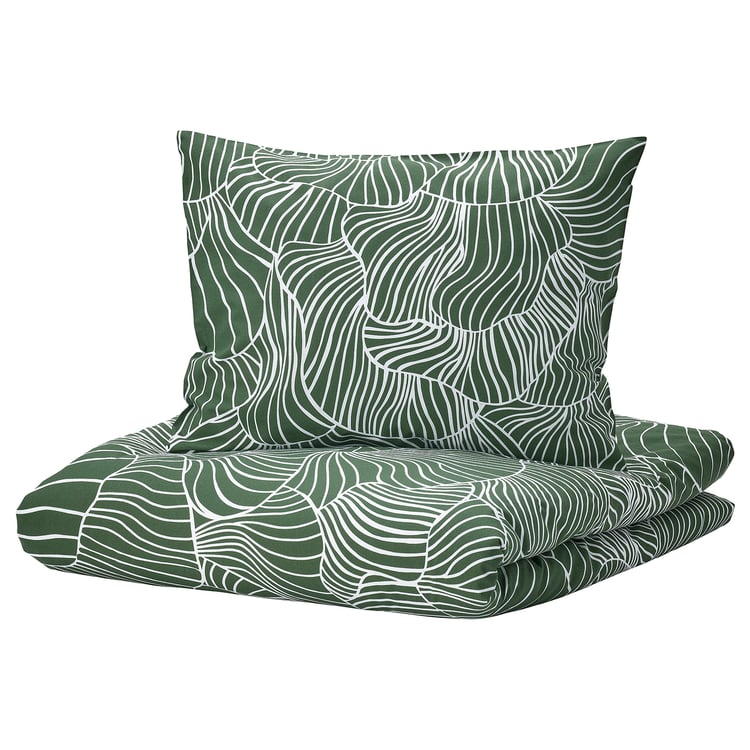 SVAMPMAL Duvet cover and pillowcase, dark green/white, 150x200/50x60 cm