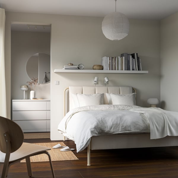 TÄLLÅSEN Upholstered bed frame with mattress, Kulsta light beige/Vesteröy extra firm, 140x200 cm