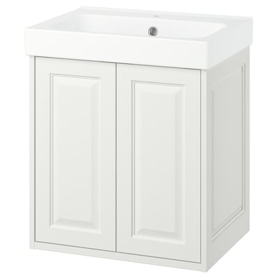 TÄNNFORSEN white bathroom vanity. Classic design with bevelled edges, two doors for storage and a deep rectangular sink.