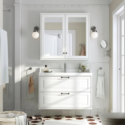Modern white bathroom vanity, TÄNNFORSEN, large drawers. 36w x 22d x 34h. Classic with contemporary storage.