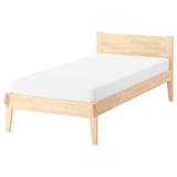 A taxasklint bed frame. Its light-colored, made of solid pine, and a simple, scandinavian design.