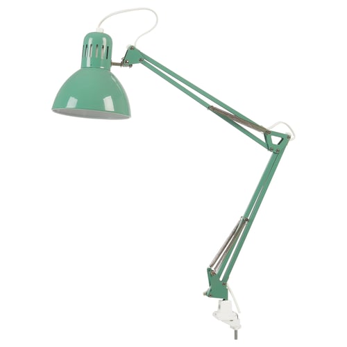 A green TERTIAL desk lamp with an adjustable arm and shade, made of steel and plastic, providing flexible lighting.