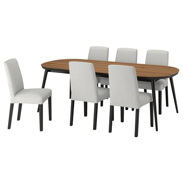 TJÄRKIL / BERGMUND Table and 6 chairs, black walnut veneer/Orrsta light grey, 235x100 cm