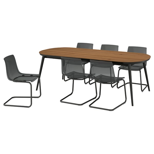 TJÄRKIL / TOBIAS Table and 6 chairs, black walnut veneer/black/grey black, 235x100 cm