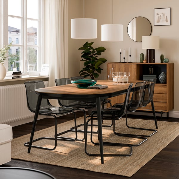 TJÄRKIL / TOBIAS Table and 6 chairs, black walnut veneer/black/grey black, 235x100 cm