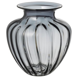 Black glass vase, sleek, ribbed design. Handcrafted, artful appearance.