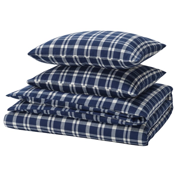 TORNTUSS Duvet cover and 2 pillowcases, dark blue/check, 200x200/50x60 cm