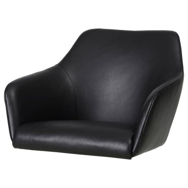 Black leather chair, TOSSBERG, modern design, curved shape, padded seat & back.