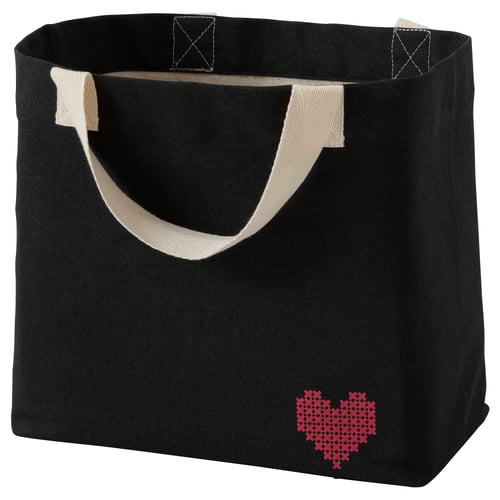 Black TOSSDAN cotton tote with cream handles & red heart design.