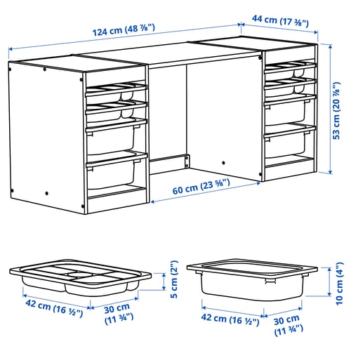 TROFAST Desk with storage boxes/trays, light white stained pine/red white, 124x44x53 cm