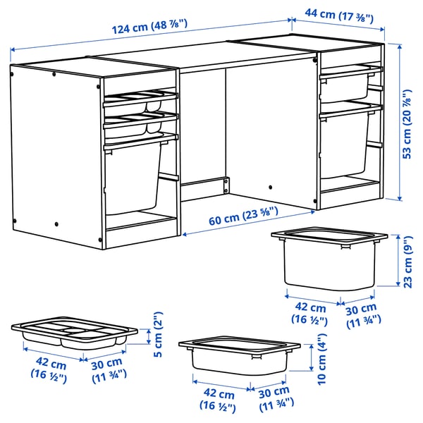 TROFAST Desk with storage boxes/trays, light white stained pine/white lilac, 124x44x53 cm