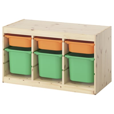 TROFAST Storage combination with boxes, light white stained pine light orange/bright green, 93x44x53 cm
