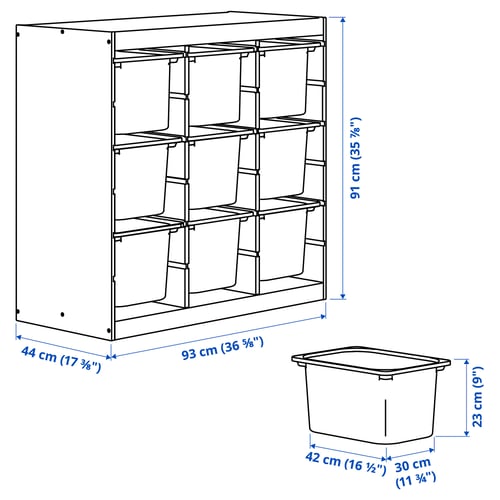 TROFAST Storage combination with boxes, room divider light white stained pine/light blue bright green, 93x44x91 cm