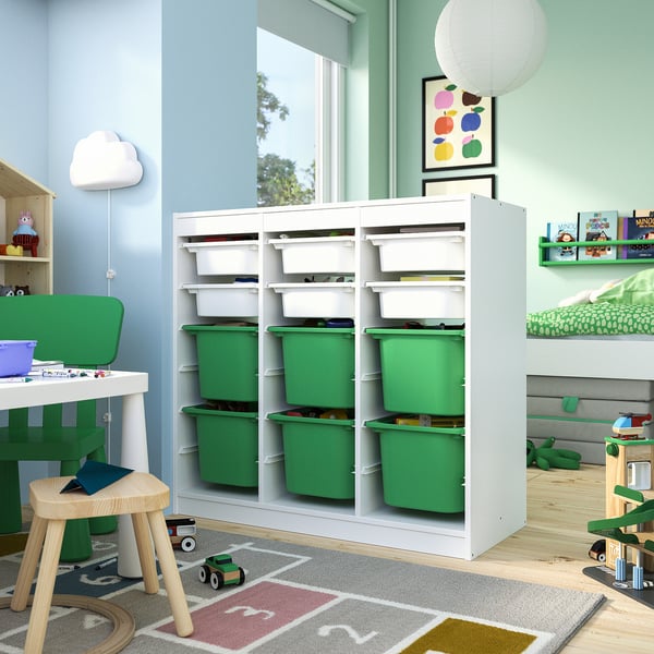 TROFAST Storage combination with boxes, room divider/white bright green, 99x44x95 cm