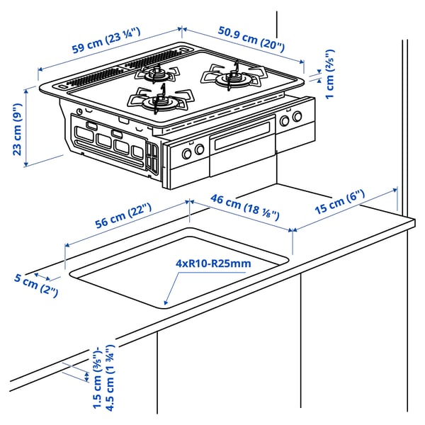 TYNDERÖ LPG gas hob with fish grill, 59 cm
