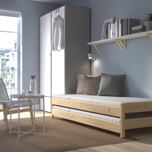 UTÅKER Stackable bed with 2 mattresses, pine/Ånnfjället super firm, 80x200 cm