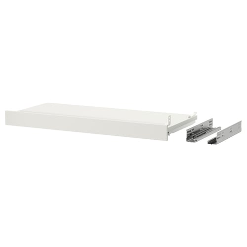 UTRUSTA white pull-out shelf with galvanised steel runners, melamine foil surface, rectangular shape, designed for kitchen storage.