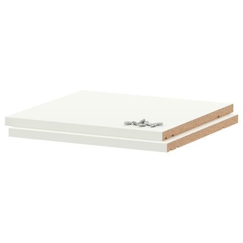 A white melamine shelf with metal brackets.