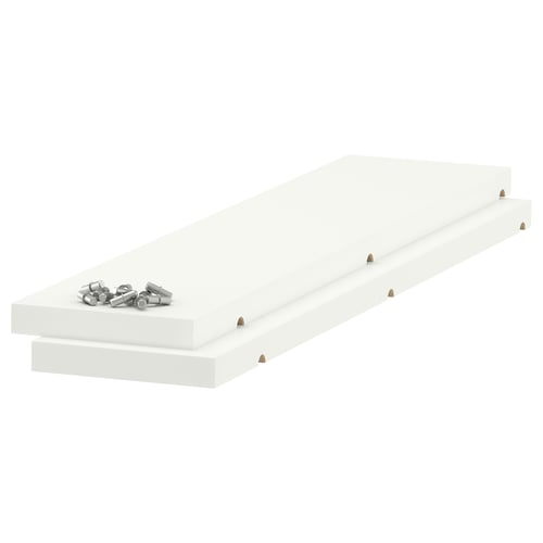 Two white, rectangular shelves with metal connectors, one holding metallic bolts.