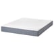 Image depicts a rectangular, white and grey IKEA VALEVÅG mattress with blue sides, showcasing a quilted pattern and brand label.