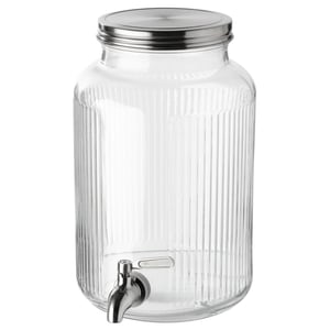 VARDAGEN: clear glass jar with metal spout, ribbed design, stainless steel lid, ideal for outdoor parties.