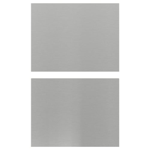 Two stainless steel kitchen cabinet fronts, rectangular, sleek, and metallic.
