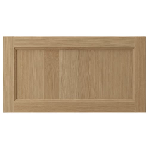 VEDHAMN natural wood cabinet door with oak veneer and solid oak frame. Rectangle-shaped with bevelled edges, rustic design.
