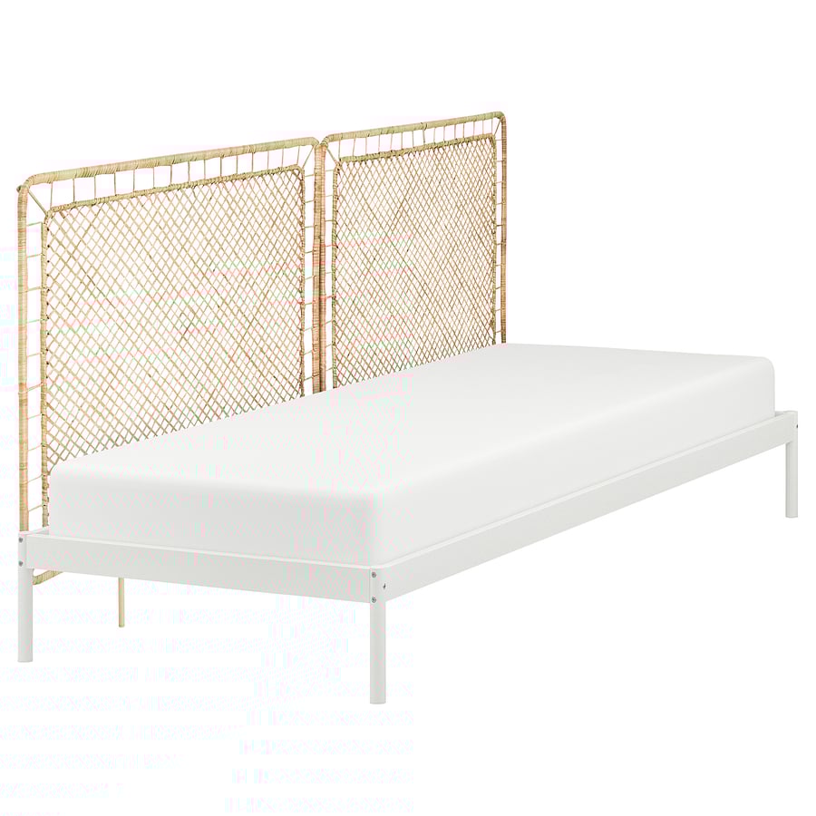 VEVELSTAD bed frame with 2 headboards, white/Tolkning rattan, 90x200 cm