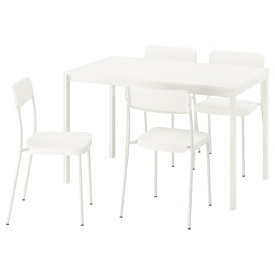 White VIHALS dining set with square table and four matching chairs.